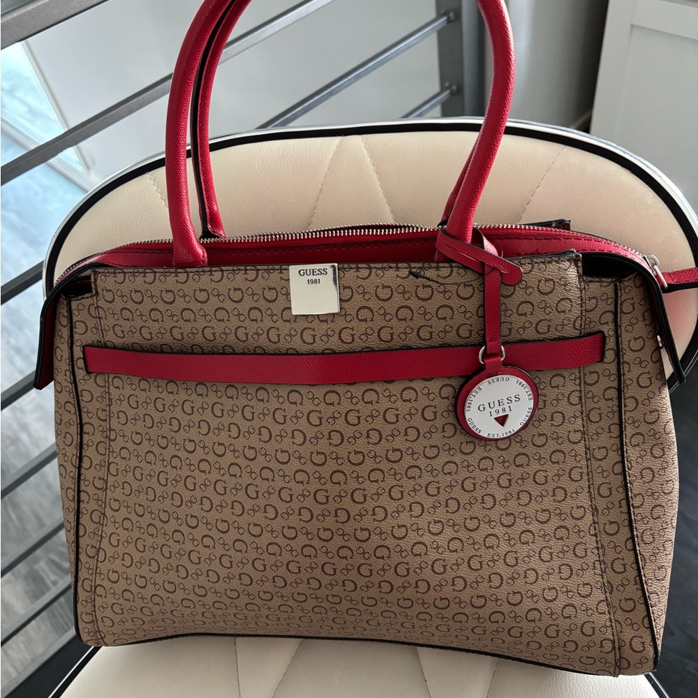 Guess Tan and Red 1981 Tote, Logo Print, Large